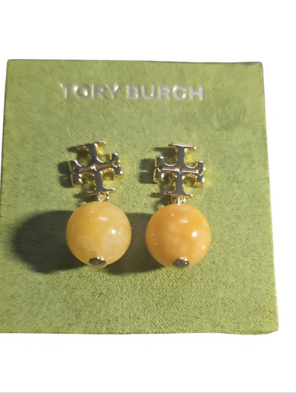 Tory Burch Gold Logo Earrings with Yellow Orb Drops